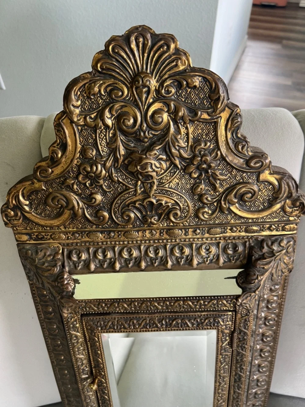 Antique Dutch copper & brass mirror/brush cabinet